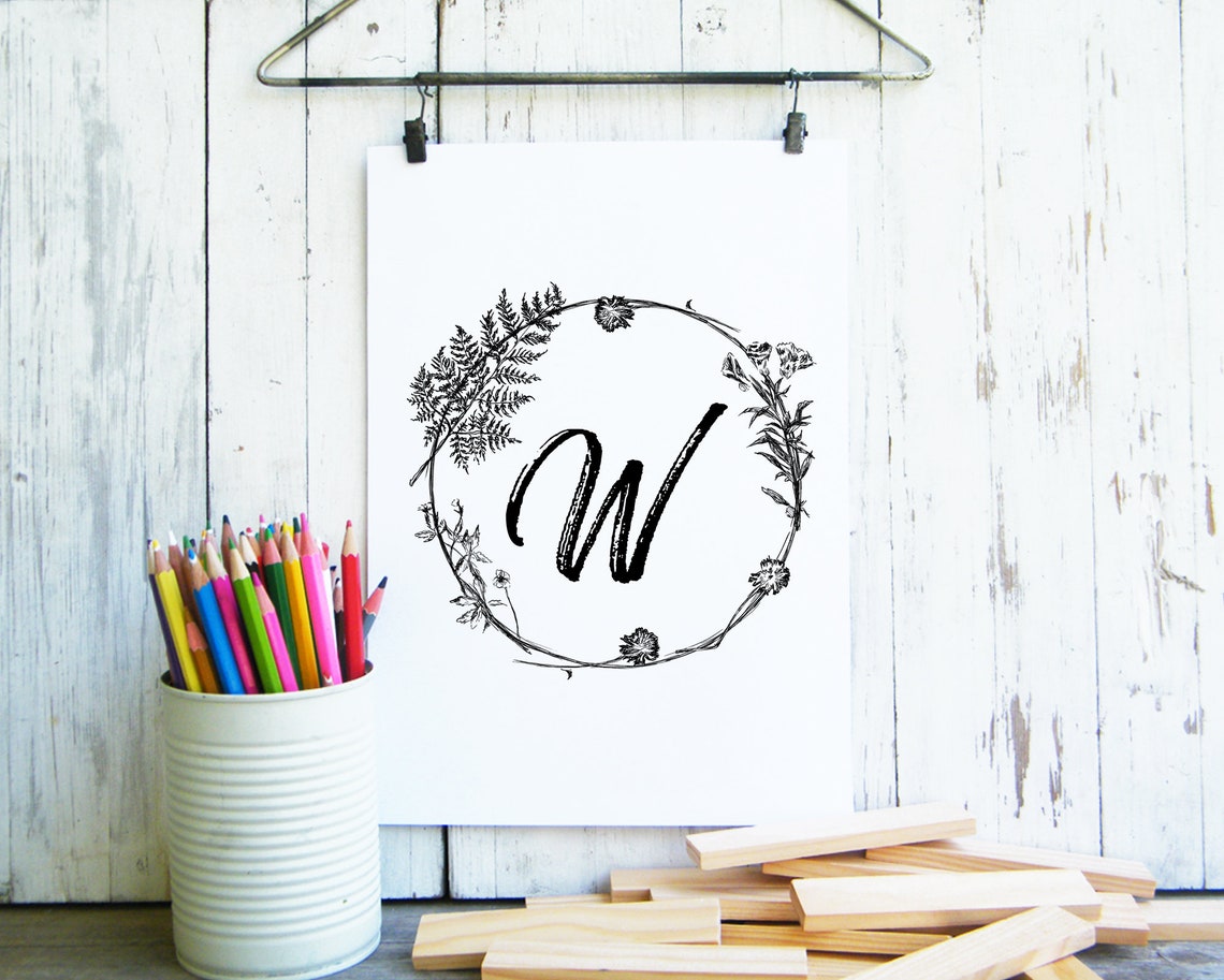 Personalized Botanical Wreath Monogram Letter W Initial Art Print