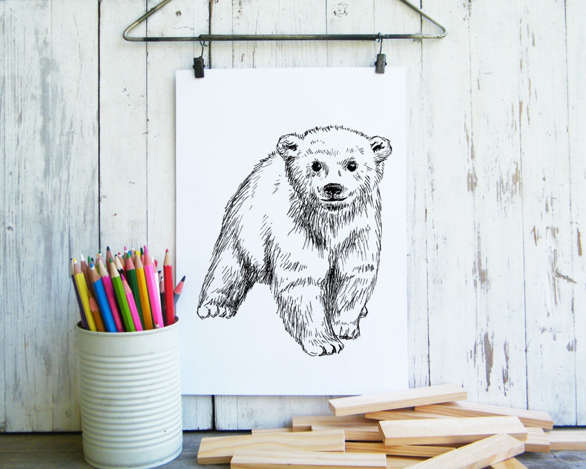 Black and White Baby Polar Bear Ink Sketch Nursery Art Poster