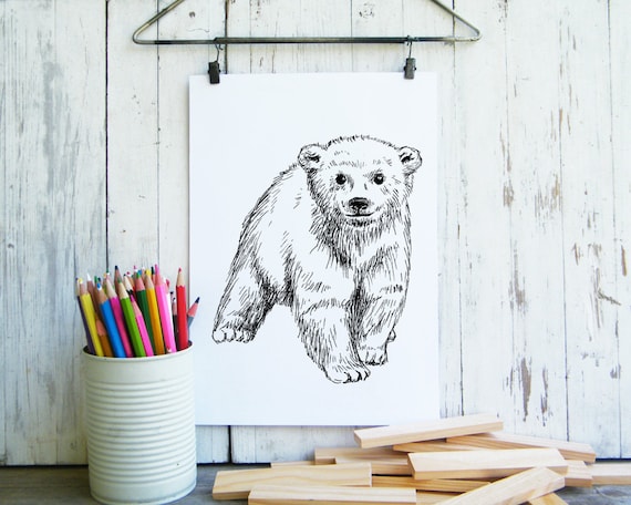 Black and White Baby Polar Bear Ink Sketch Nursery Art Poster