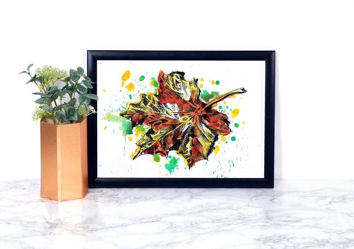 Watercolor Autumn Maple Leaf Poster Splash Paint Rustic Fall Wall Decor