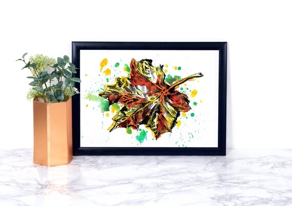 Watercolor Autumn Maple Leaf Poster Splash Paint Rustic Fall Wall Decor
