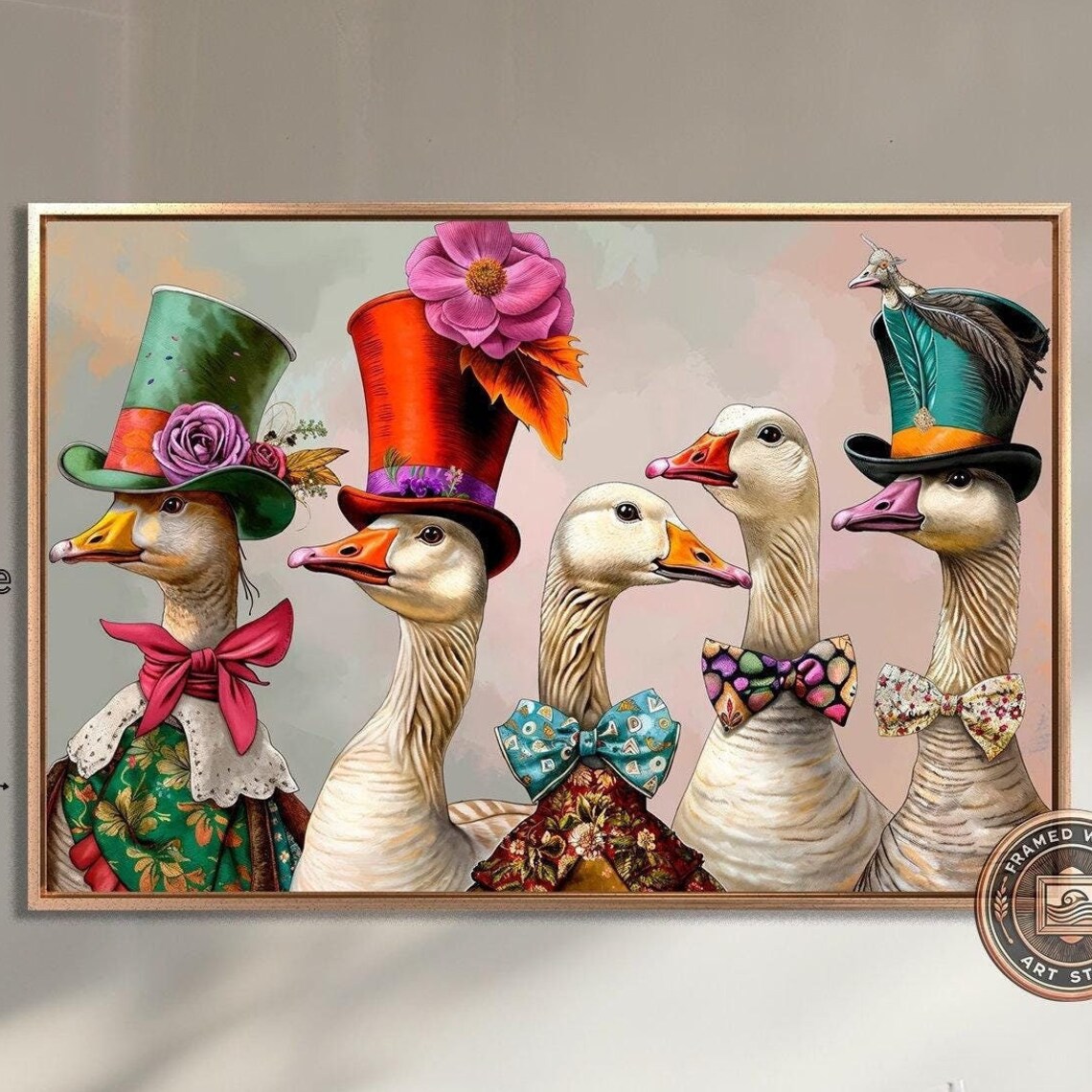 Victorian Geese In Hats, Whimsical Bird Art Print