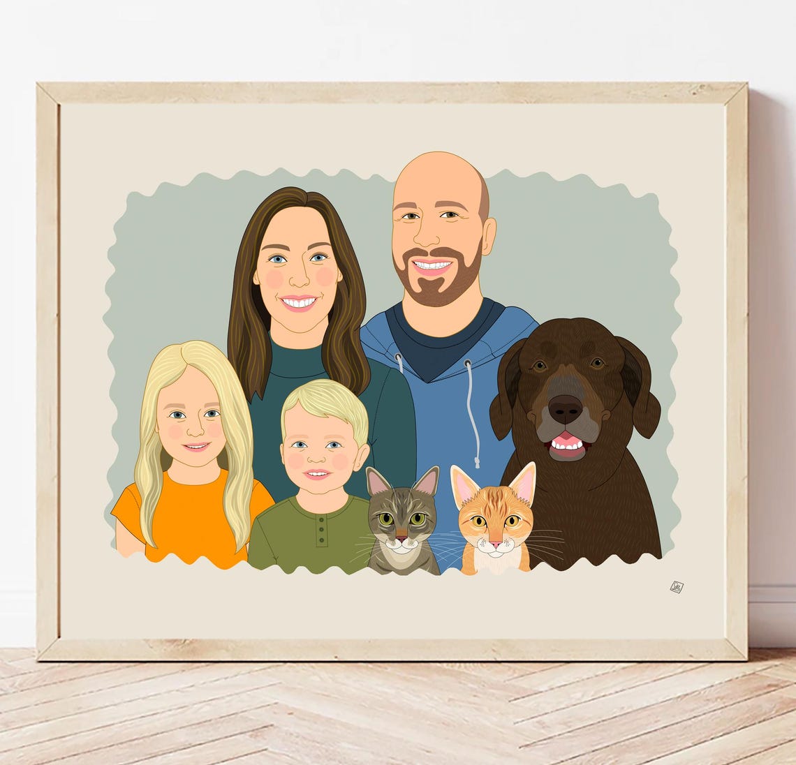 Family of Four With Dog Scalloped Edge Custom Portrait Poster - Image 2