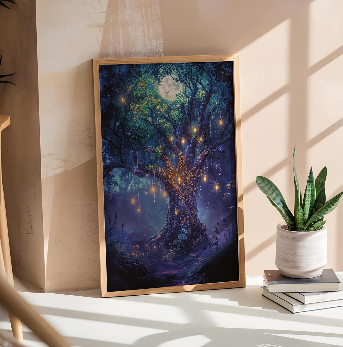 Enchanted Moonlit Ancient Tree with Glowing Lanterns Fantasy Poster