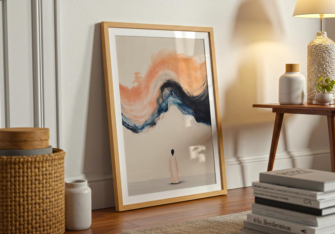 Minimalist Dreamscape Figure Before Peach Wave Quiet Contemplative Wall Art - Image 2