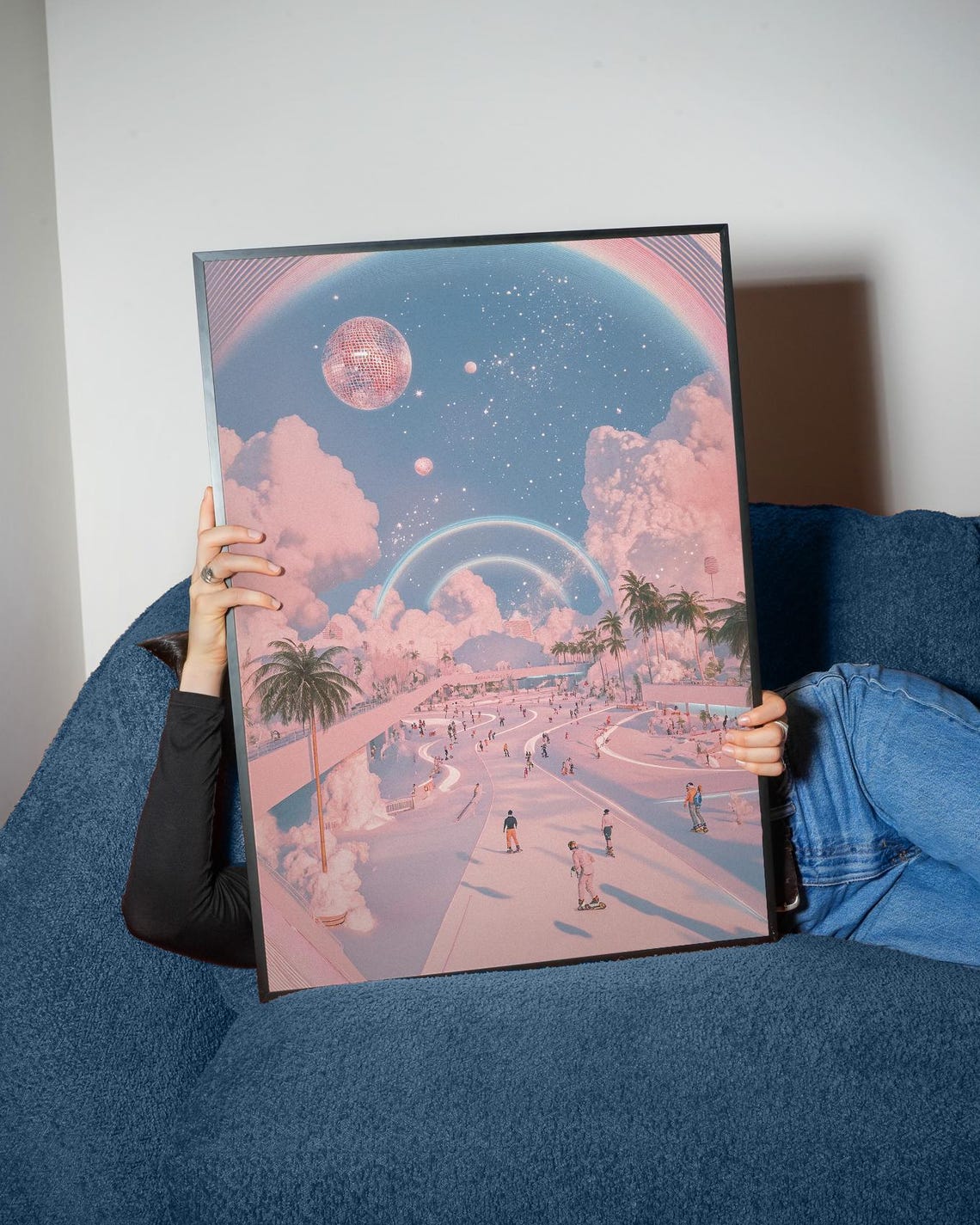 Dreamy Skatepark Pink Clouds Disco Ball Moon Surreal Wall Poster