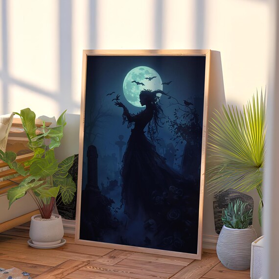 Gothic Lady Moonlit Graveyard Bats Midnight Fantasy Silhouette Poster