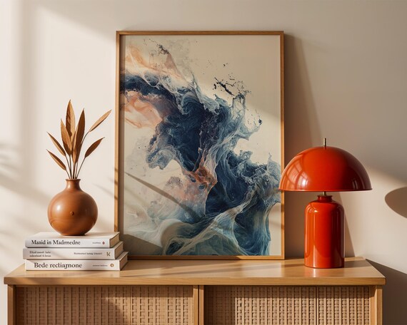 Ethereal Ocean Wave Abstract Fluid Art Navy Blue Coastal Wall Poster