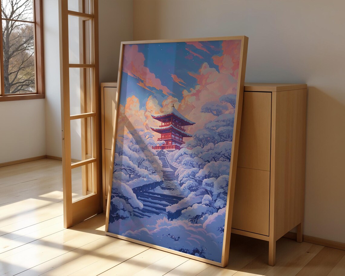 Red Pagoda Above Clouds Stone Steps Pink Sky Anime Landscape Poster - Image 4