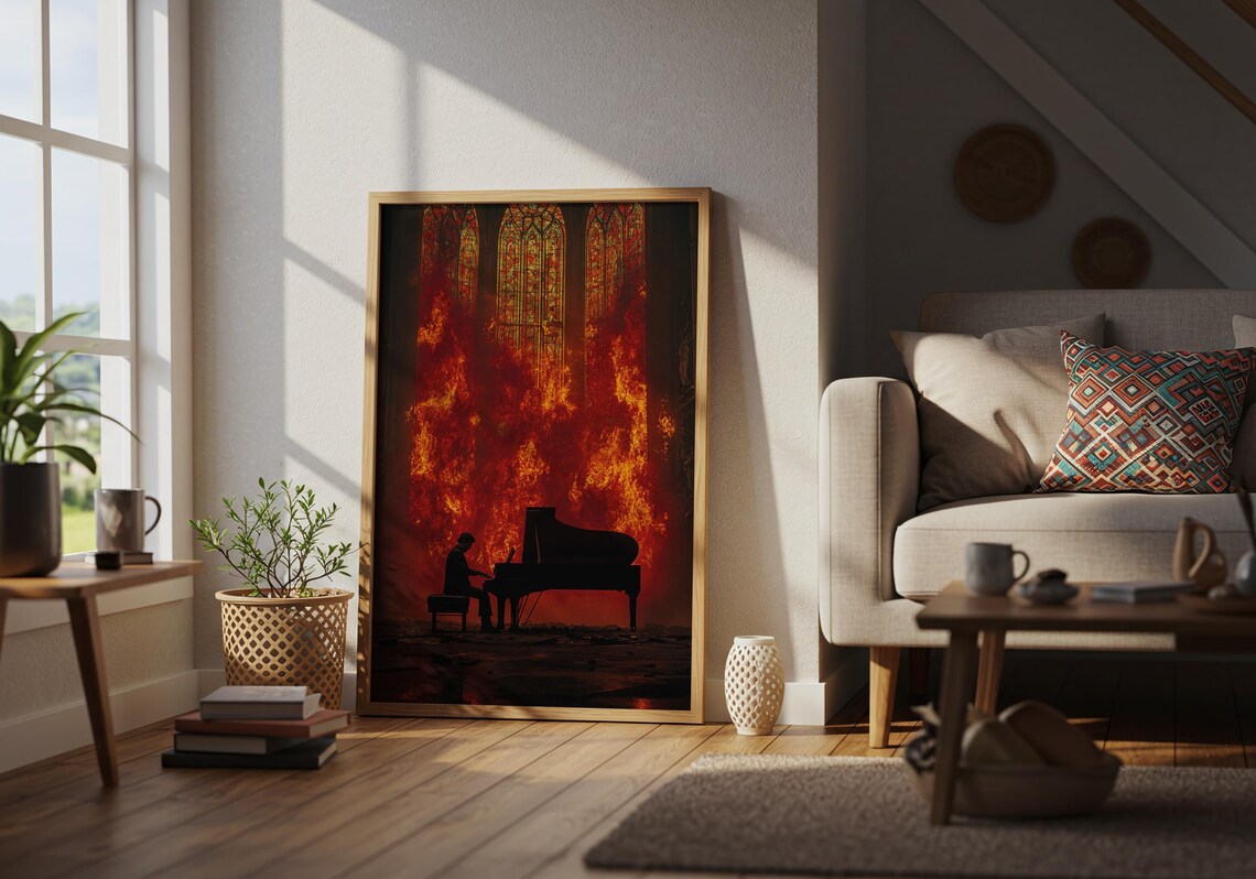 Piano In Inferno Art Print, Gothic Fire Scene - Image 2