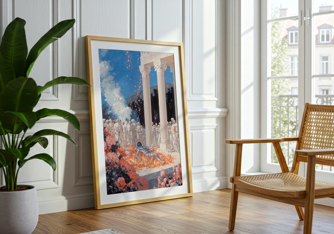 Astronaut Ritual Surreal Ceremony Burning Flowers Mythic Painting Poster - Image 2