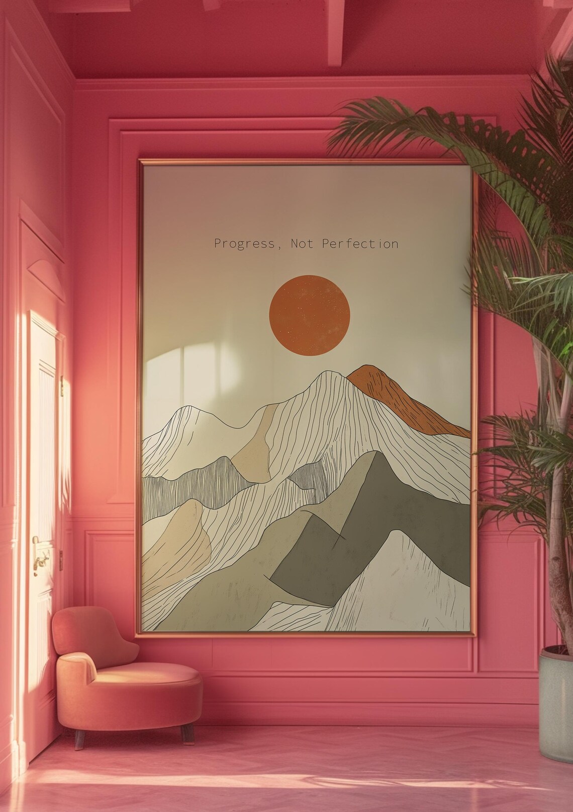 Progress Not Perfection Quote Mountain Sun Minimalist Inspire Poster - Image 2