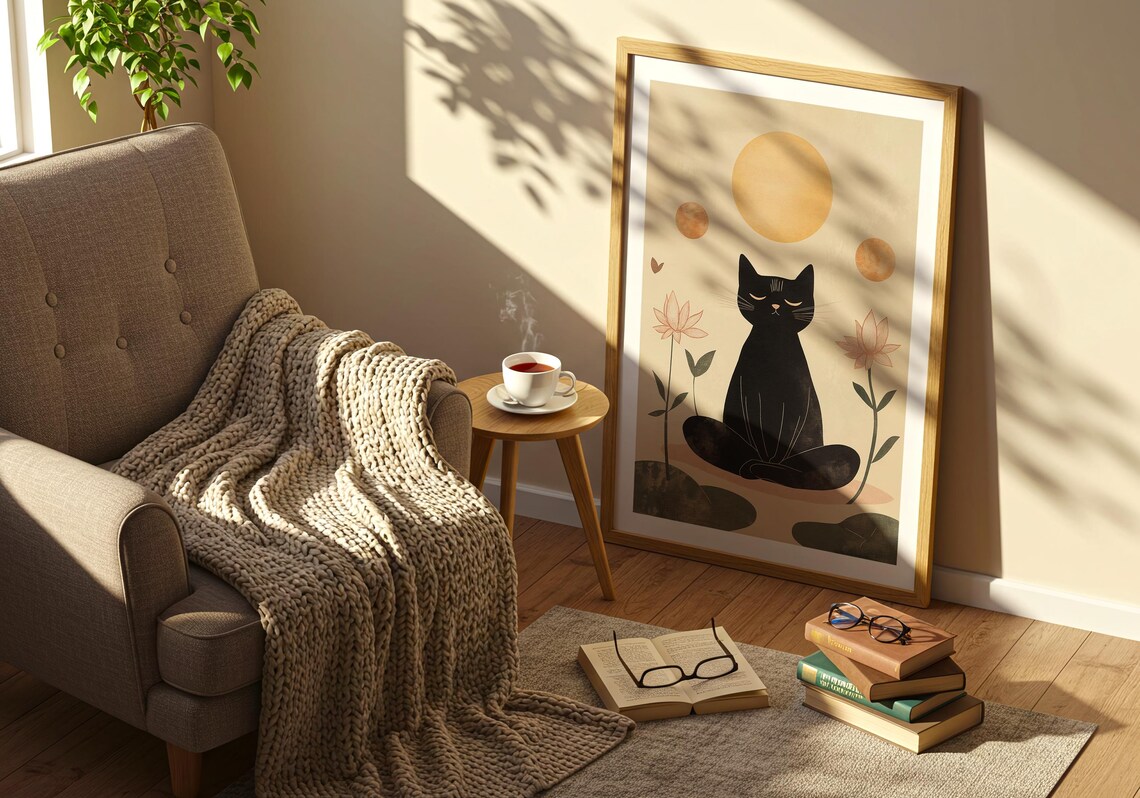 Black Cat Meditating in Lotus Pose with Golden Sun Boho Art Poster - Image 3