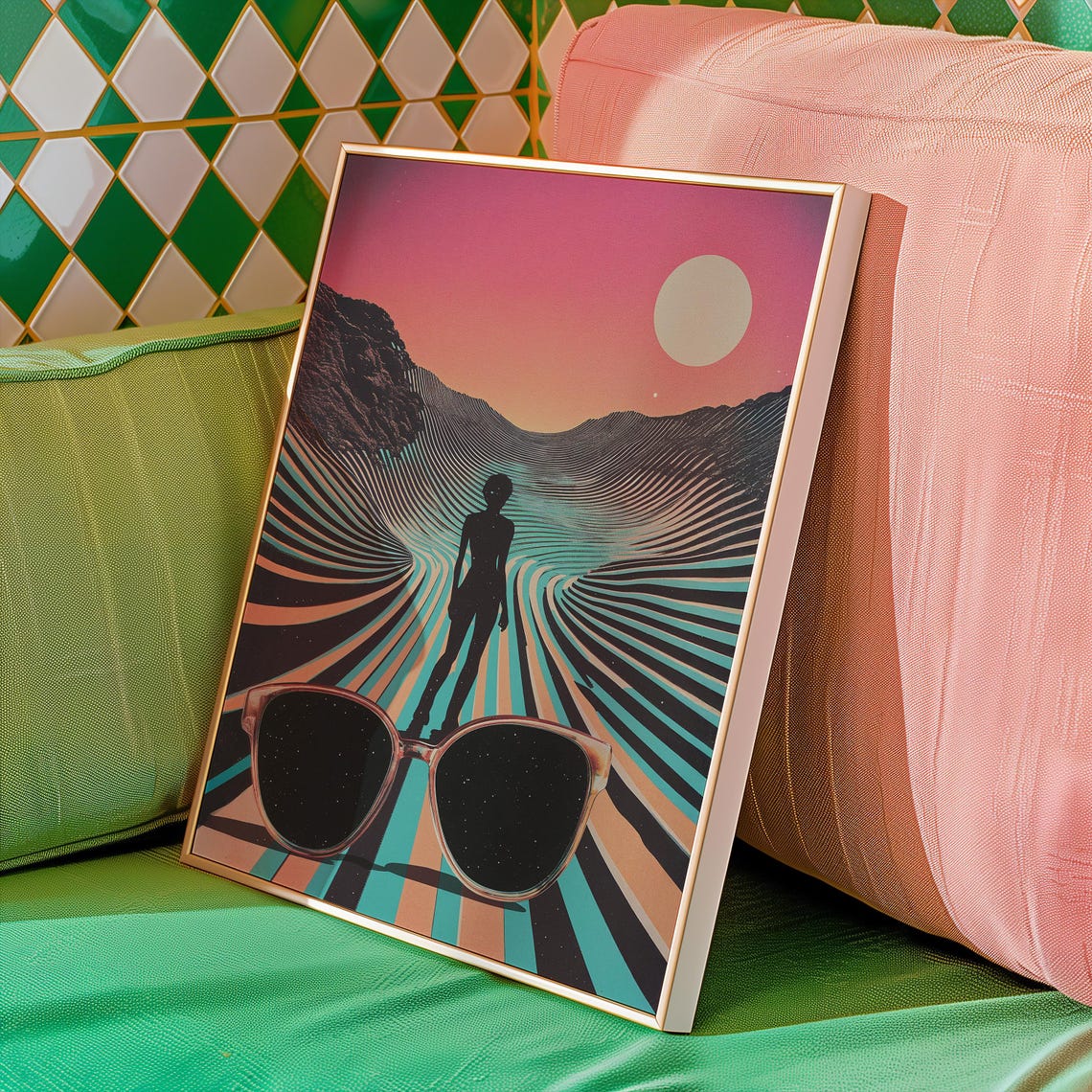 Retro Desert Mirage Sunglasses Silhouette Striped Sunset Road Poster - Image 5