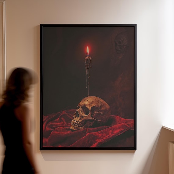 Gothic Skull with Burning Candle on Dark Red Velvet Memento Mori Poster