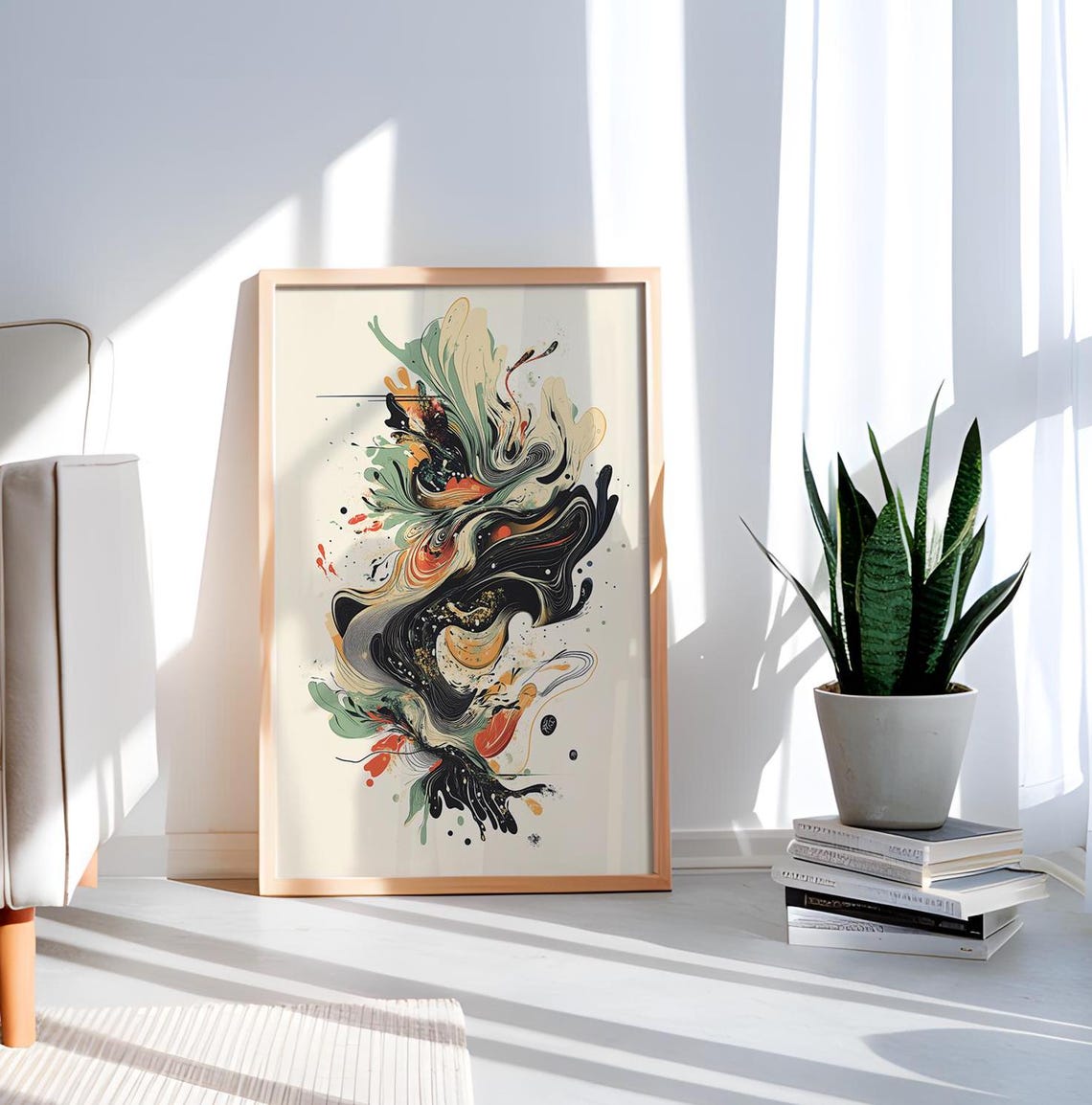 Abstract Ink Flow Minimalist Swirl Cream Background Modern Art Poster