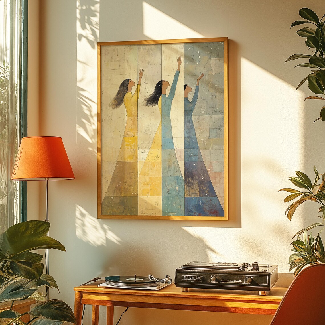 Three Women in Long Dresses Reaching Toward the Sky Painting Poster - Image 3