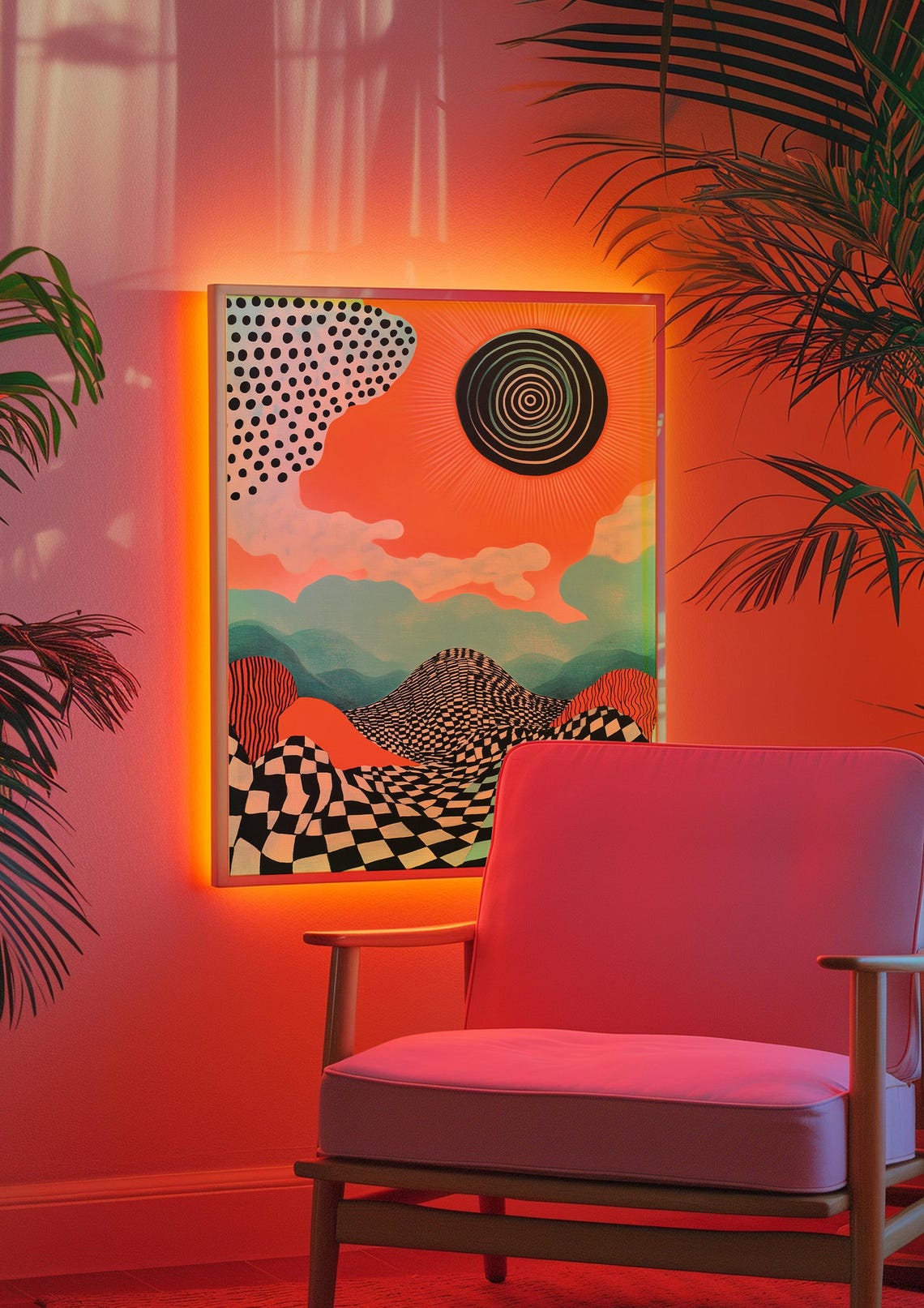 Psychedelic Checkerboard Hills Spiral Sun Retro Landscape Poster - Image 4