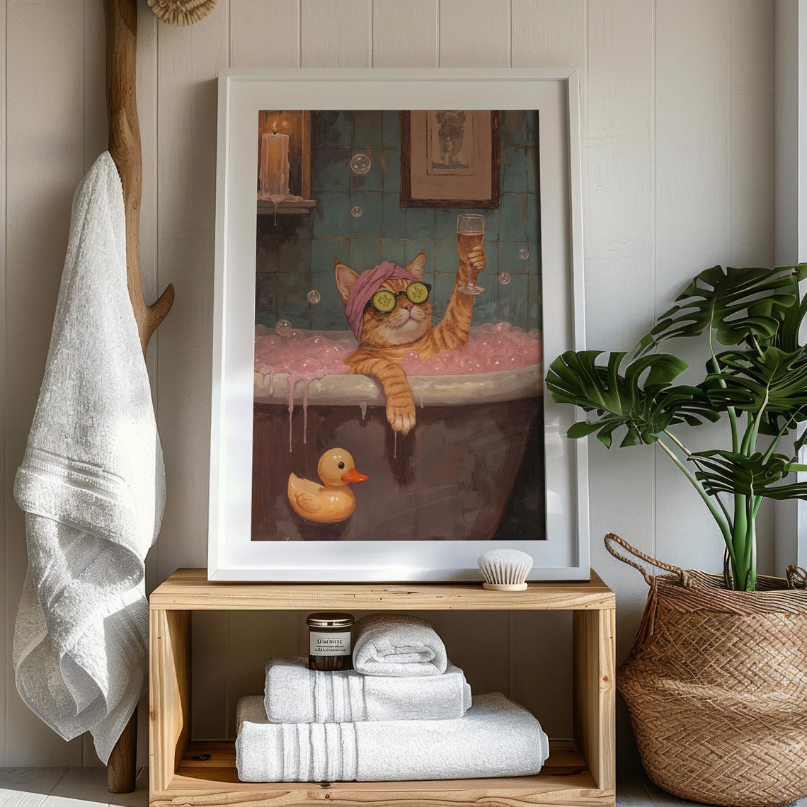 Funny Cat In Bathtub Art Print Whimsical Bathroom Decor Retro Animal Wall - Image 3
