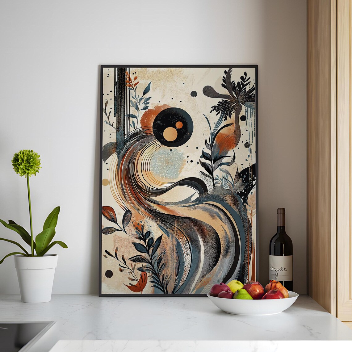 Swirling Wave Botanical Abstract Art Print Black Copper Moon