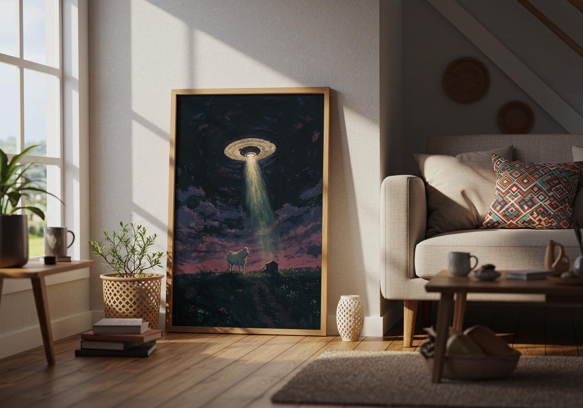 UFO Abduction Cow Night Field Surreal Alien Encounter Poster - Image 3