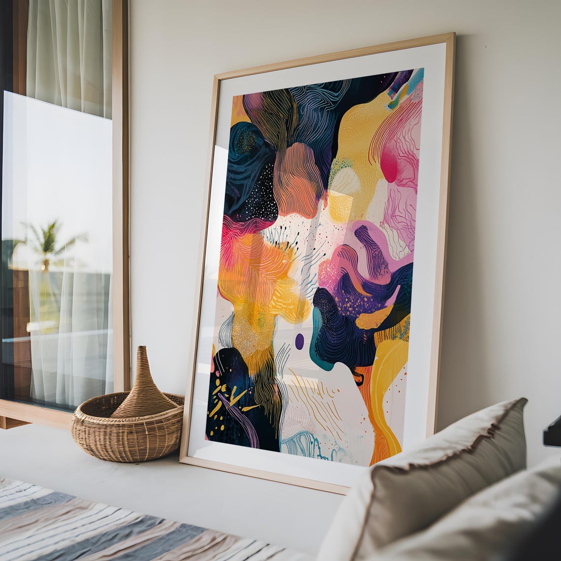 Vibrant Flowing Line Abstract Art Print Navy Pink Yellow Modern - Image 3