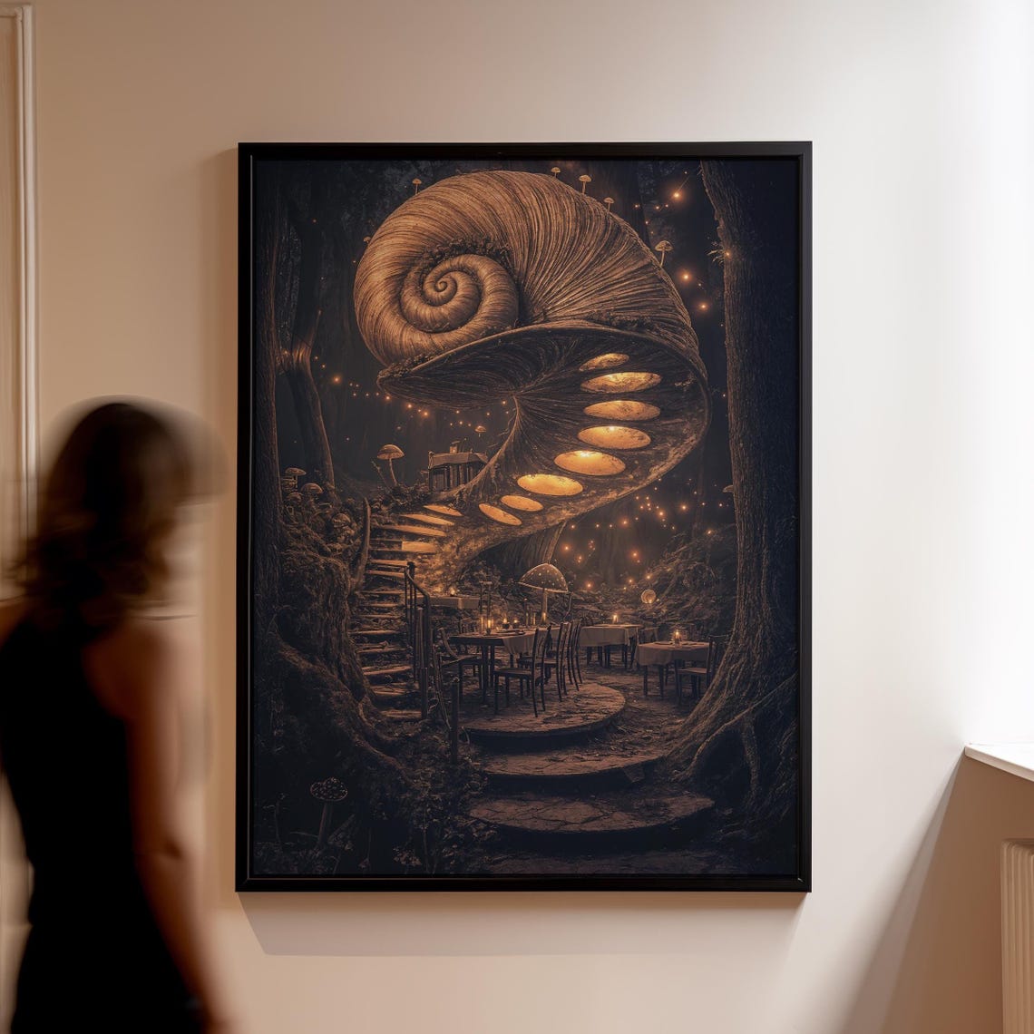 Giant Glowing Spiral Mushroom Tower in a Dark Enchanted Forest Poster