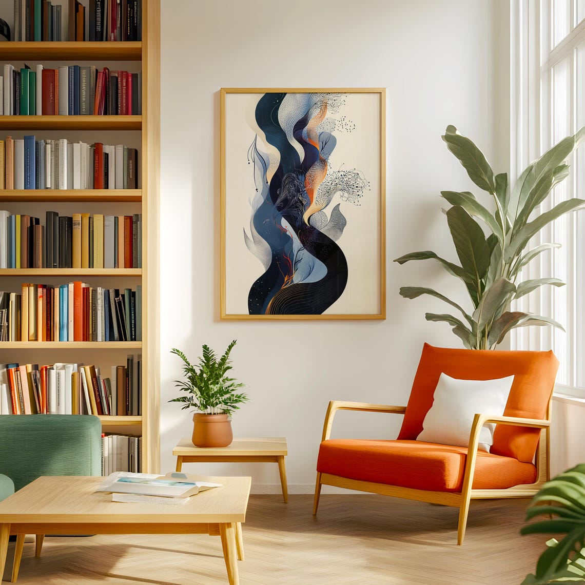 Boho Flow Abstract Blue Ribbon Cream Minimal Modern Wave Art Poster - Image 3