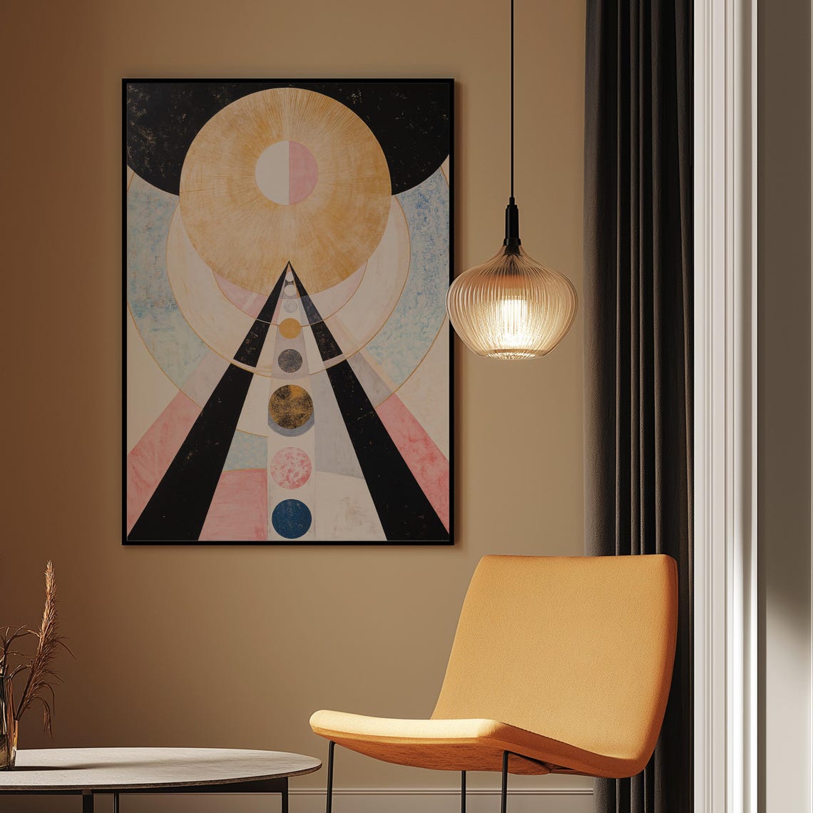 Celestial Sun Disc over Black Pyramid with Moon Phases Art Poster - Image 3
