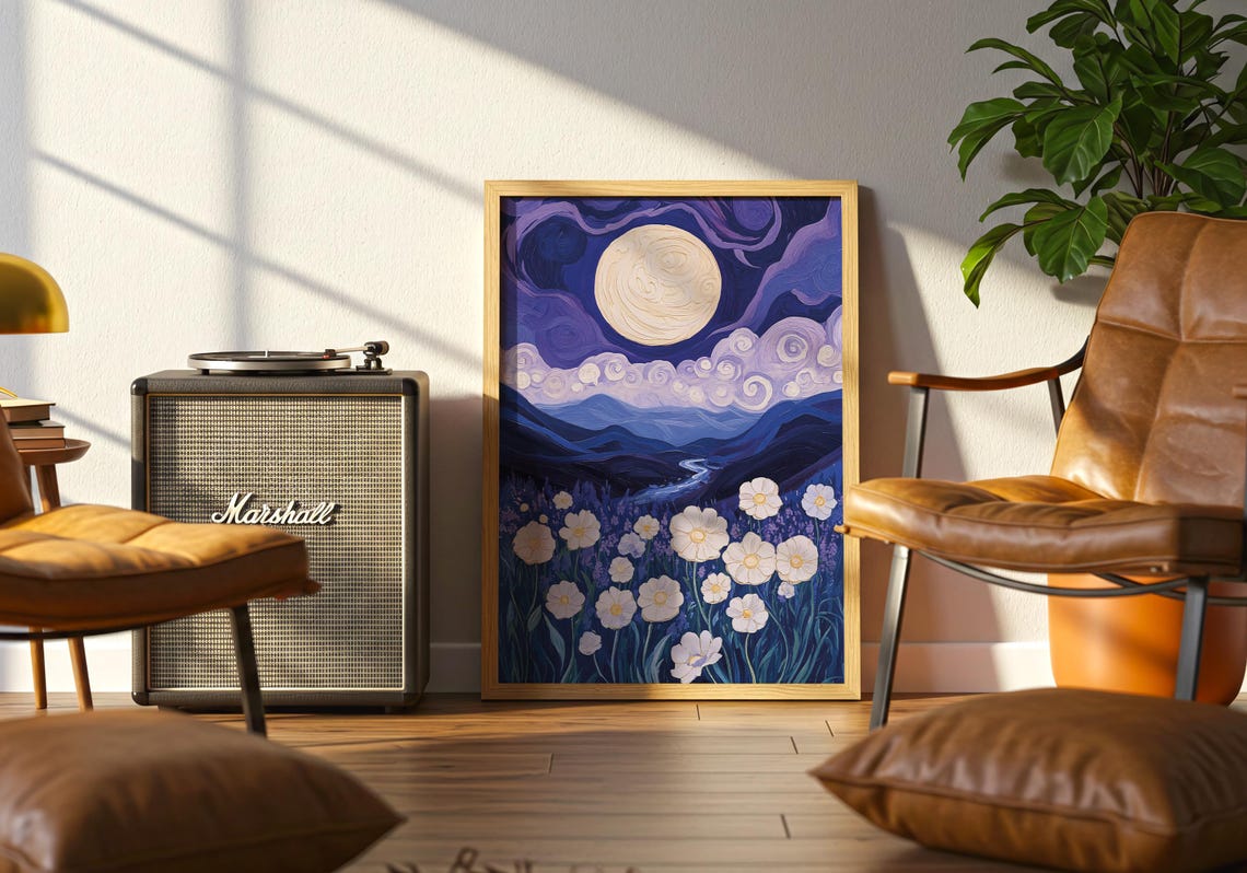 Moonlit Lavender Field White Daisies Starry Night Sky Poster - Image 5