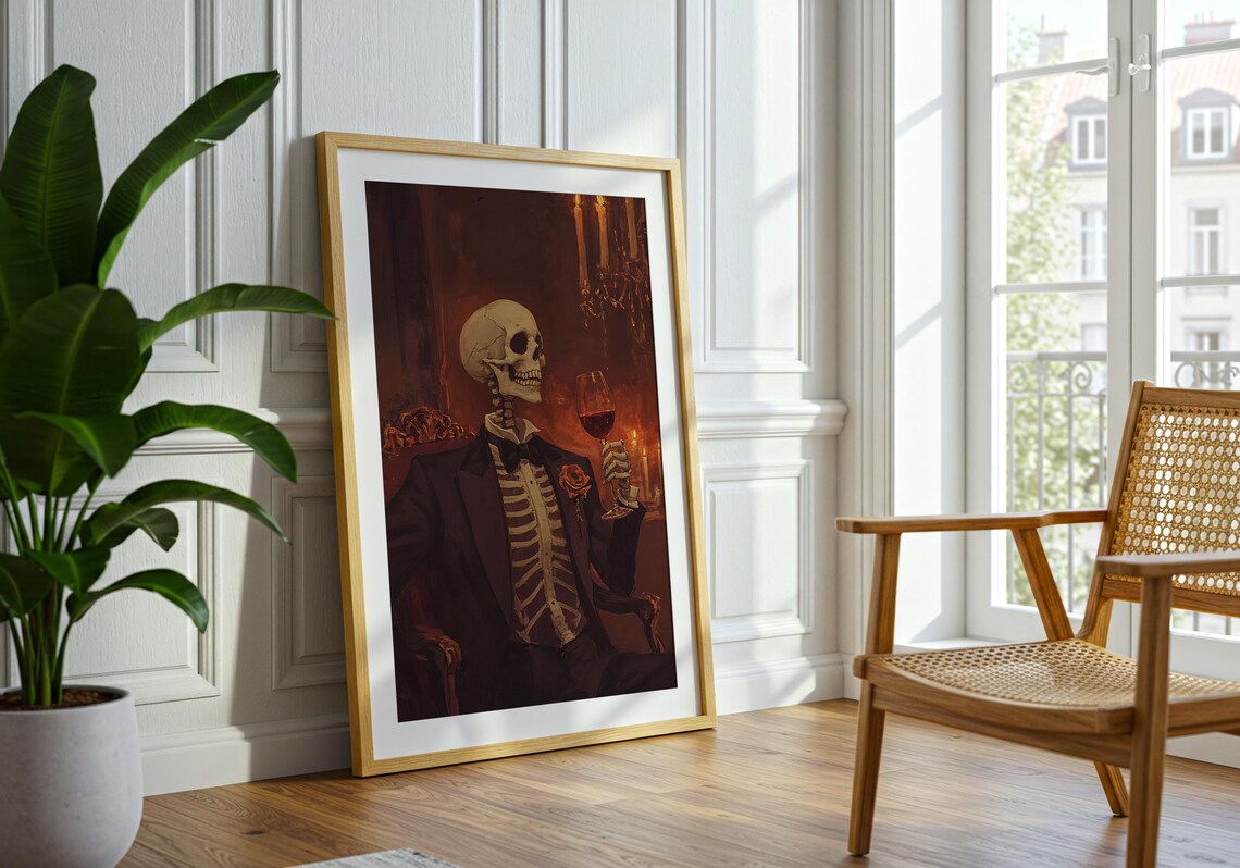 Skeleton Gentleman Tuxedo Raising Wine Glass Candlelight Gothic Humor Wall Art - Image 2