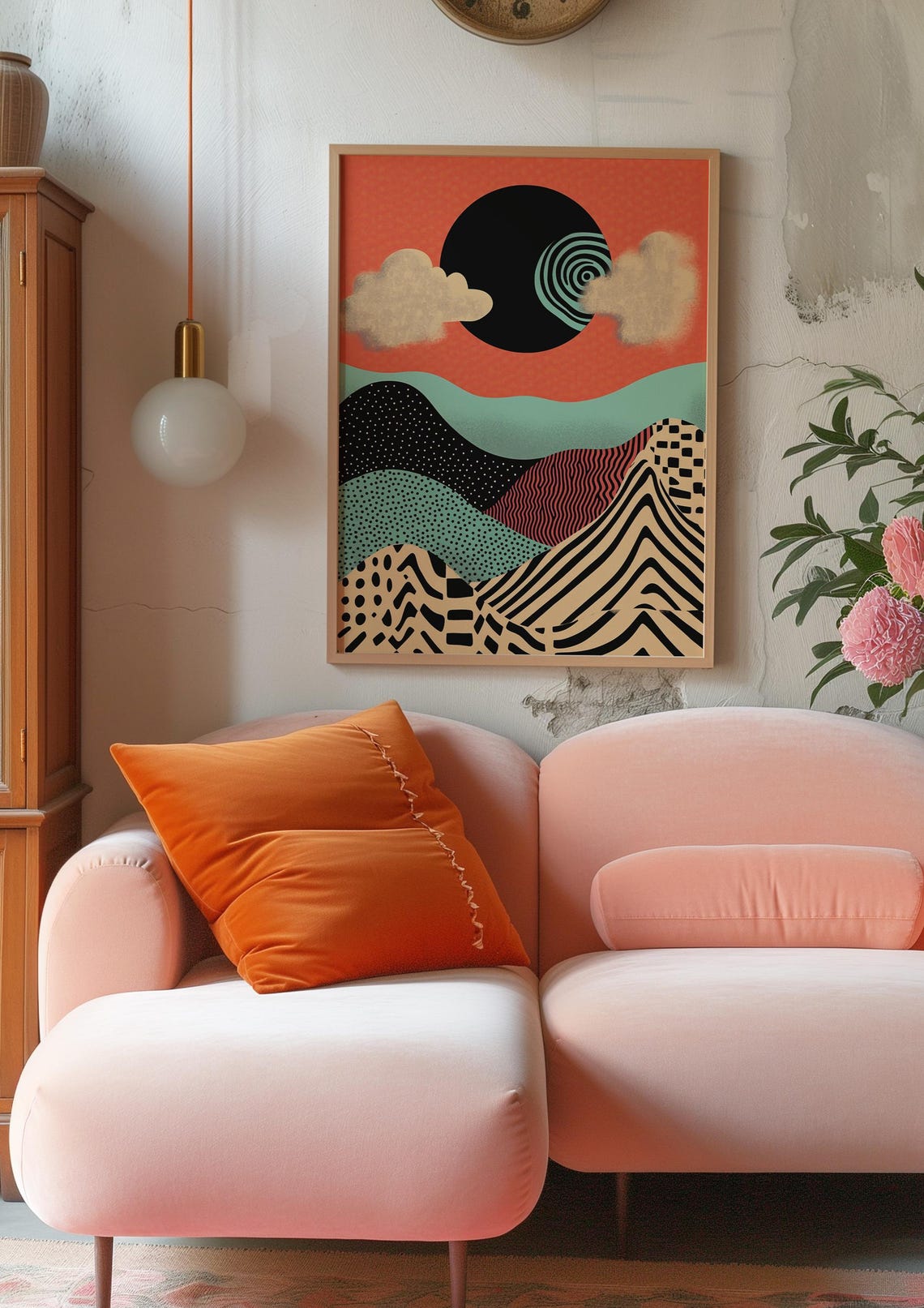 Black Sun Eclipse Coral Sky Patterned Waves Graphic Art Poster - Image 2