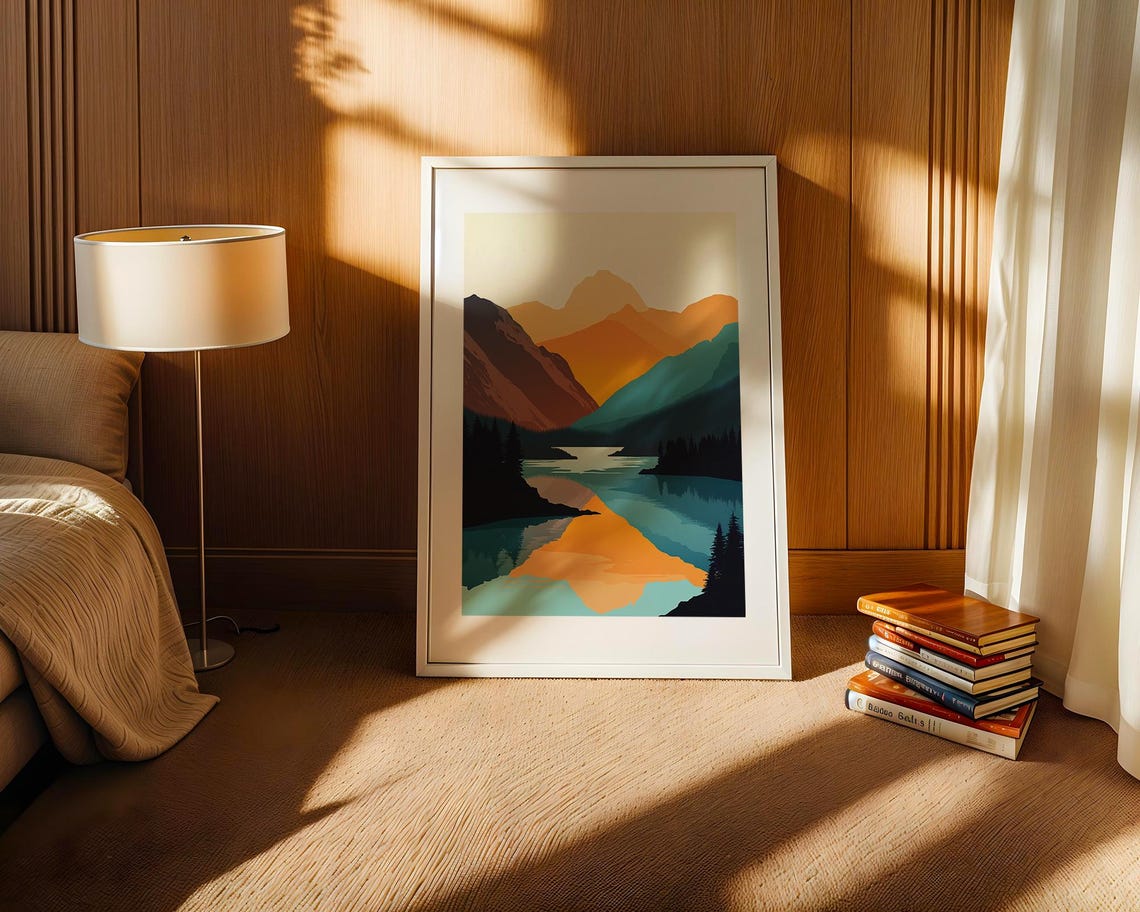 Geometric Mountain Lake Sunset Bold Color Block Modern Poster - Image 2