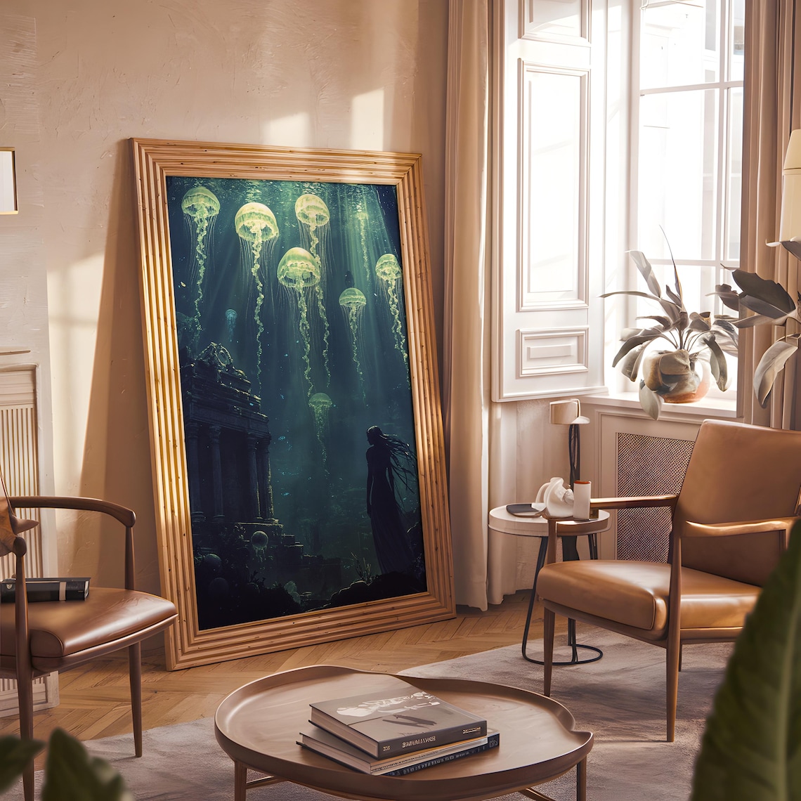 Glowing Green Jellyfish Underwater Ruins Woman Fantasy Art Poster - Image 3
