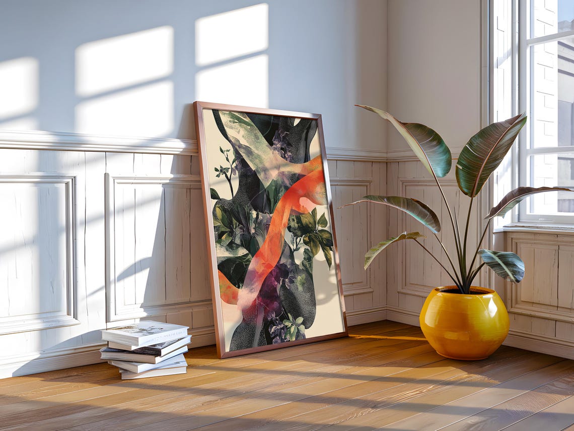Ethereal Botanical Dark Foliage Orange Ribbon Modern Nature Art Poster - Image 3