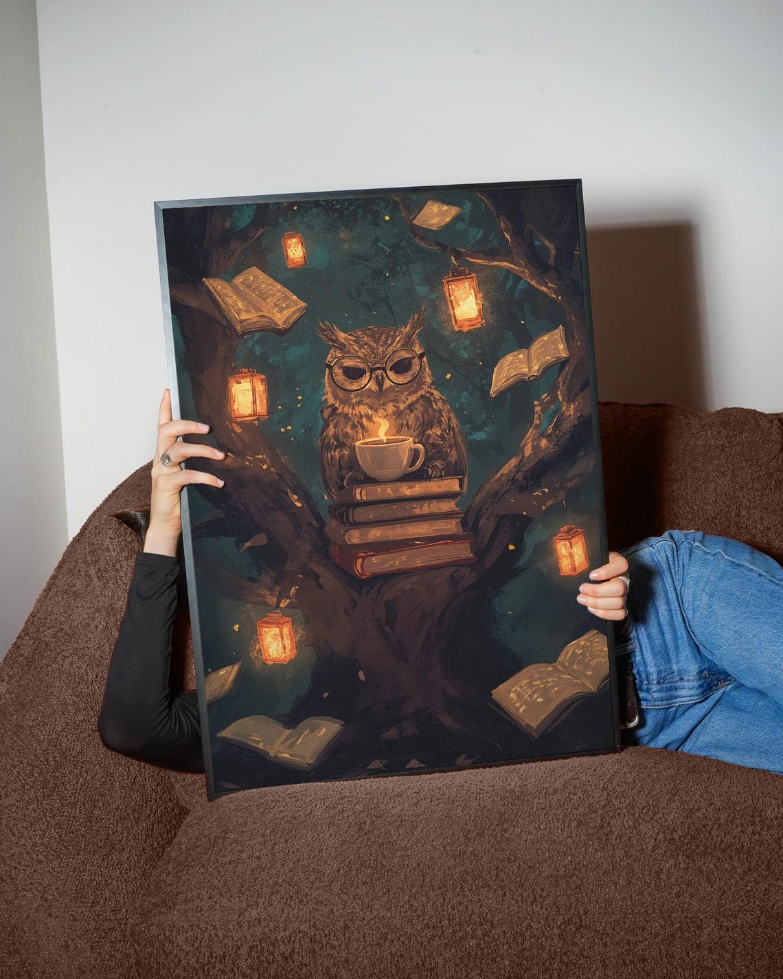 Wise Owl with Glasses Reading Books Among Glowing Lanterns Poster