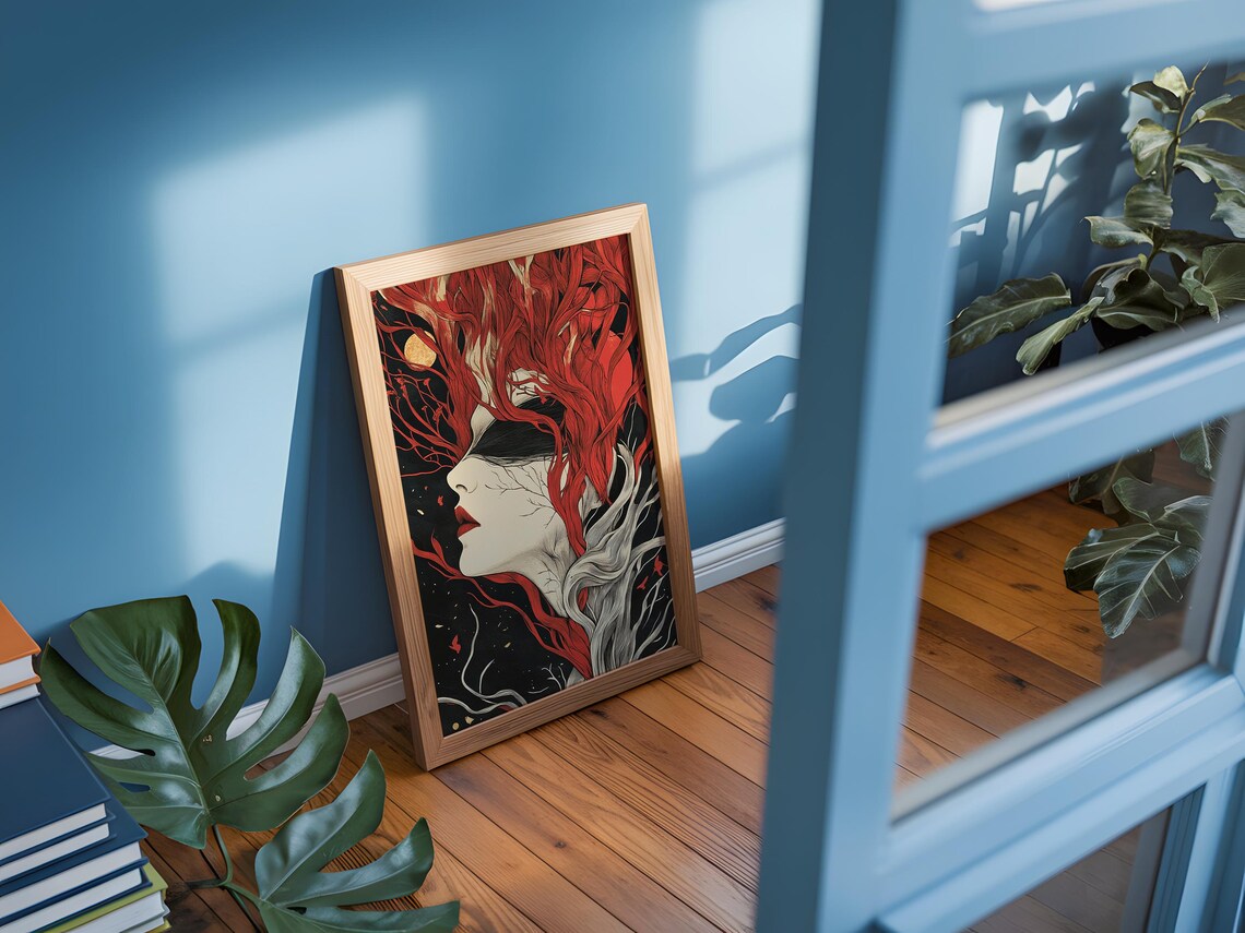 Surreal Woman Red Branch Hair Closed Eyes Gothic Portrait Art Poster - Image 3