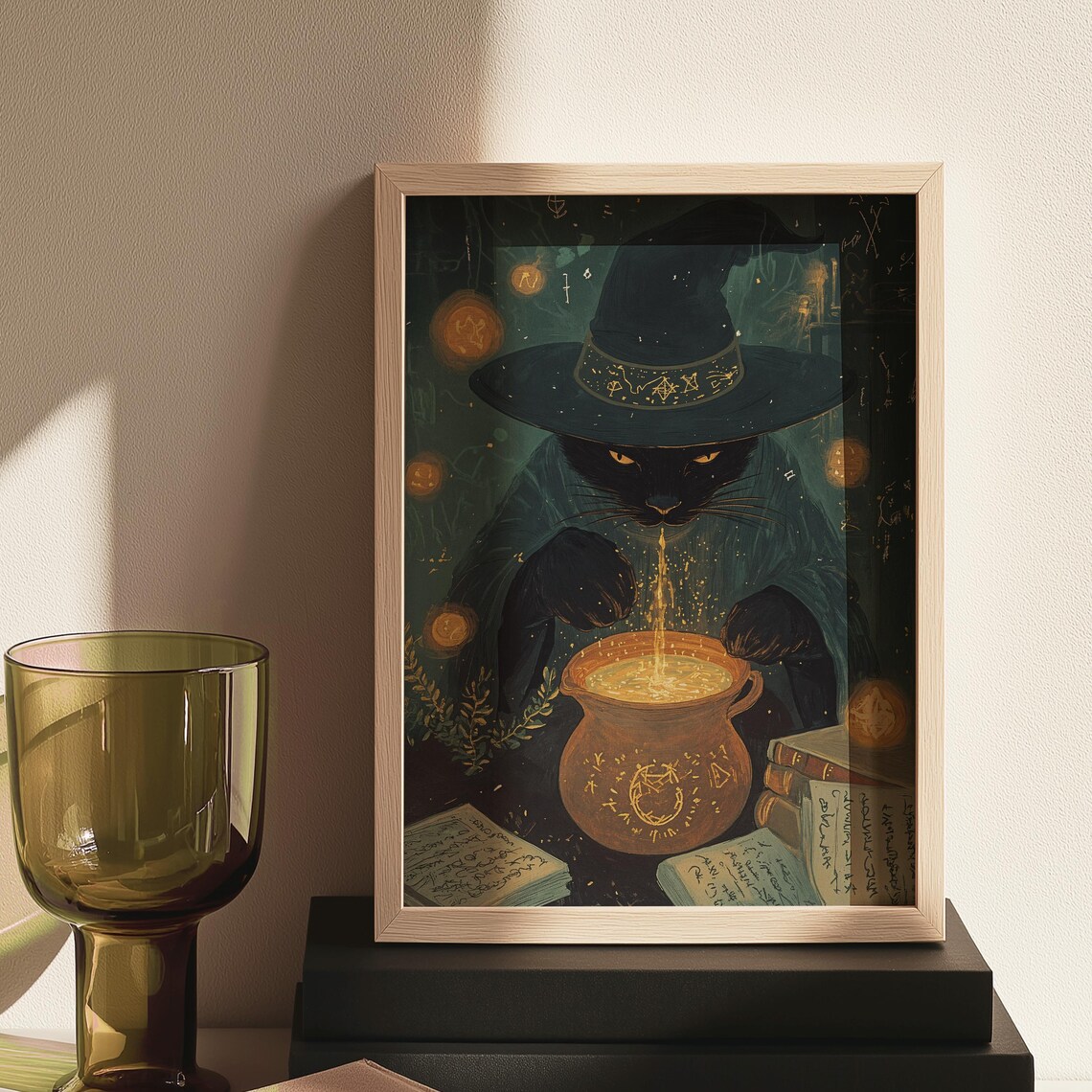 Witch Cat Stirring Golden Cauldron Spell Books Floating Orbs Fantasy Wall Art - Image 5