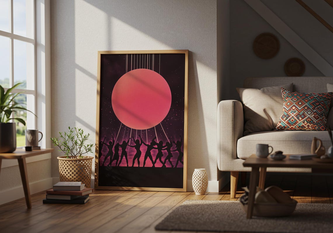 Dancing Silhouettes Giant Pink Sun Starry Night Party Wall Poster - Image 5