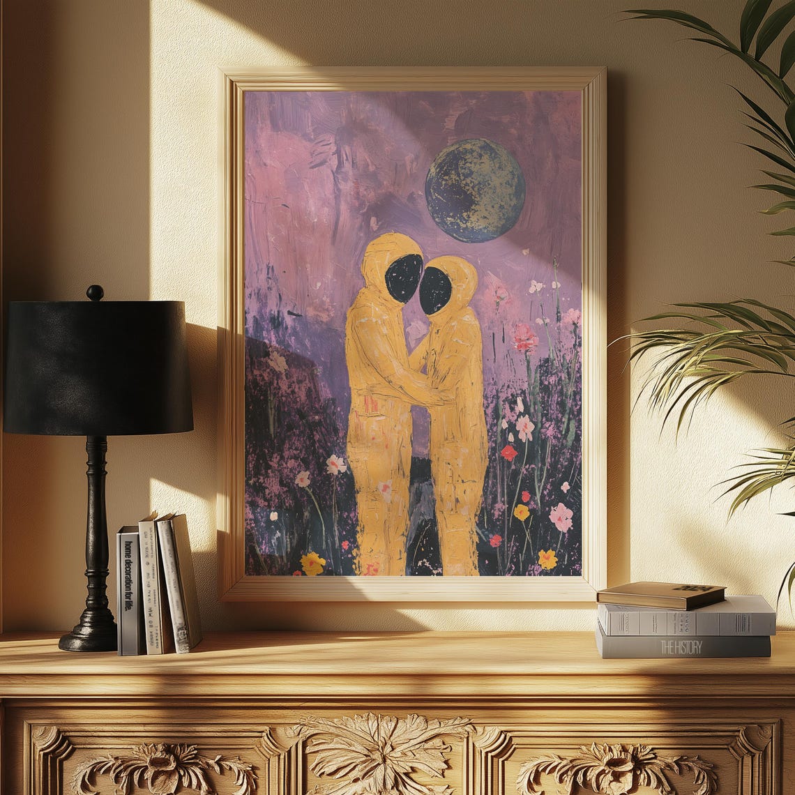 Astronaut Lovers Embracing in a Flower Field Under a Big Moon Poster