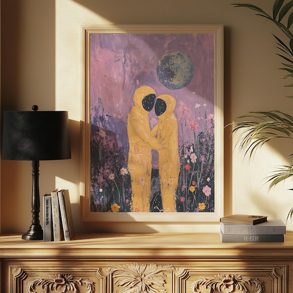 Astronaut Lovers Embracing in a Flower Field Under a Big Moon Poster