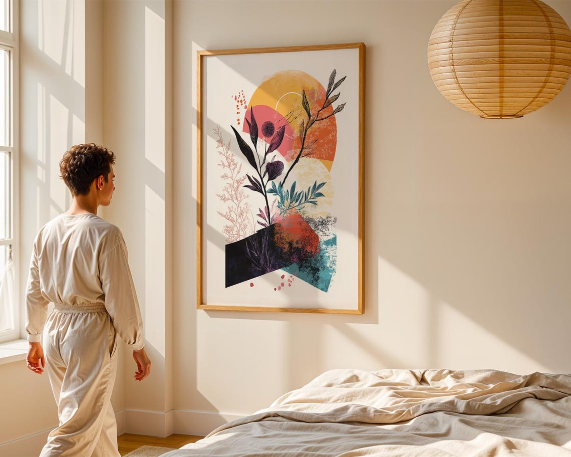 Colorful Sunrise Botanical Abstract Art Print Dark Foliage Branches - Image 5