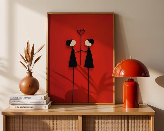 Minimalist Love Art Print Abstract Romantic Couple Poster Modern Red Black Heart Wall Cute Valentine Gift
