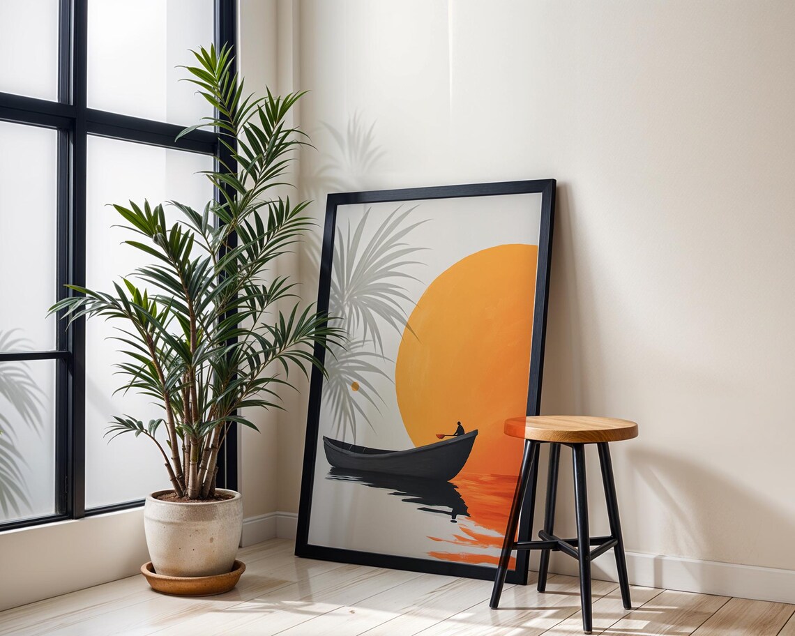 Lone Boat Giant Orange Sun Minimalist Sunset Lake Wall Poster - Image 4