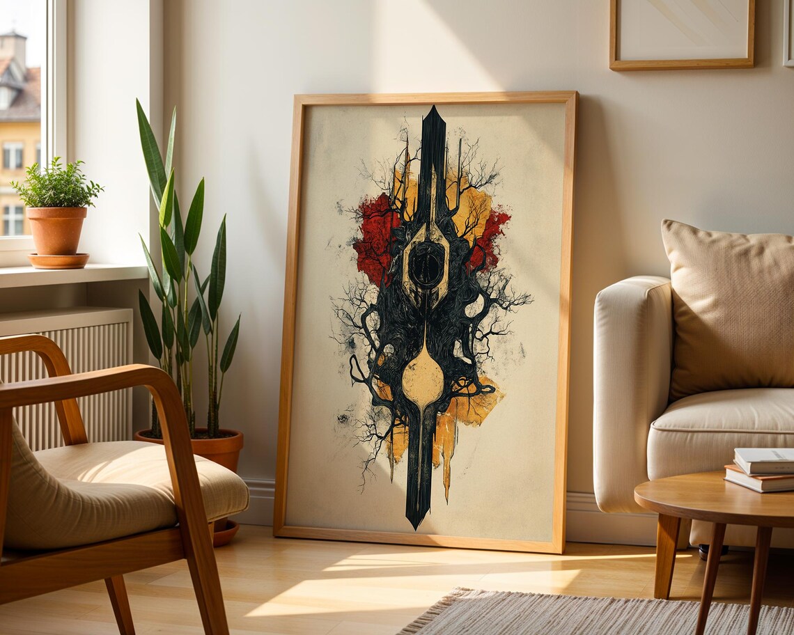 Dark Symbolic Tree Abstract Emblem Red Gold Minimal Mystic Art Poster - Image 5