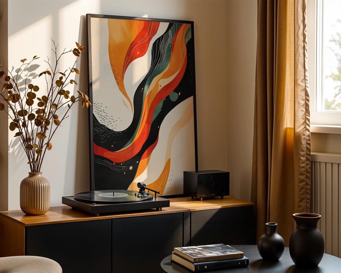 Modern Abstract Flow Warm Orange Ribbons Black Cream Boho Art Poster - Image 5