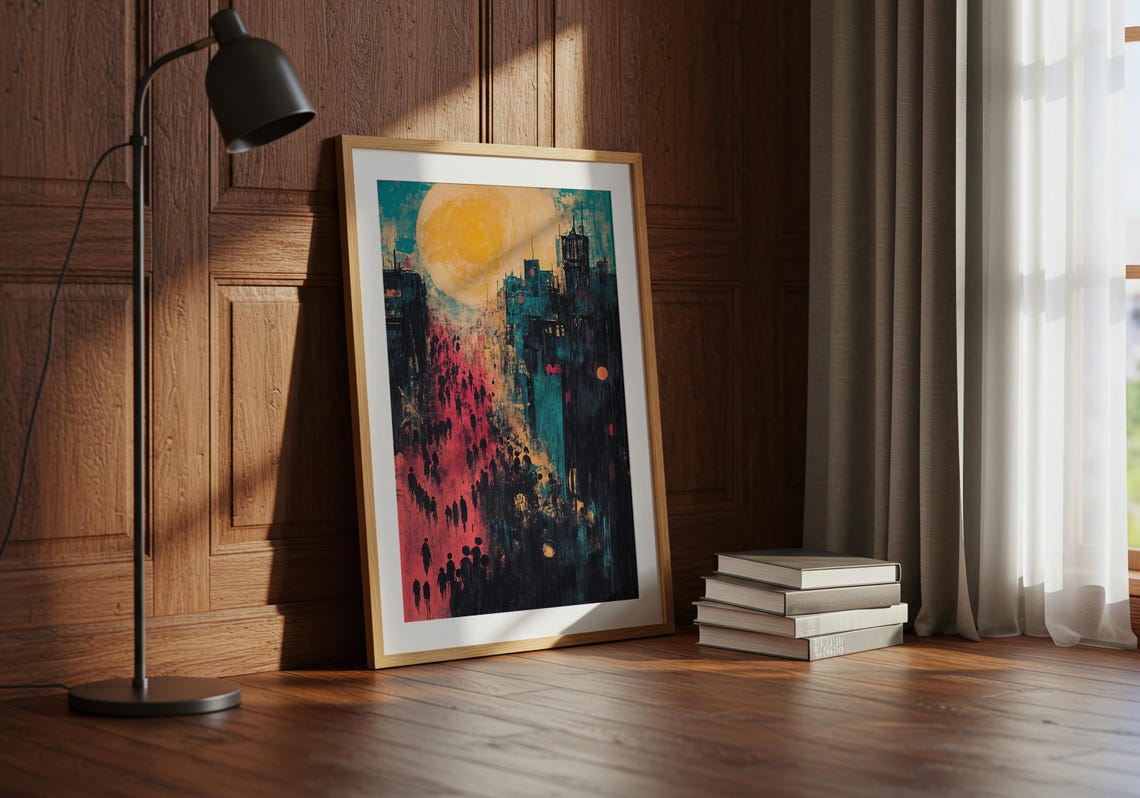 Golden Sun Urban Dusk Abstract City Crowd Moody Expressionist Poster - Image 2