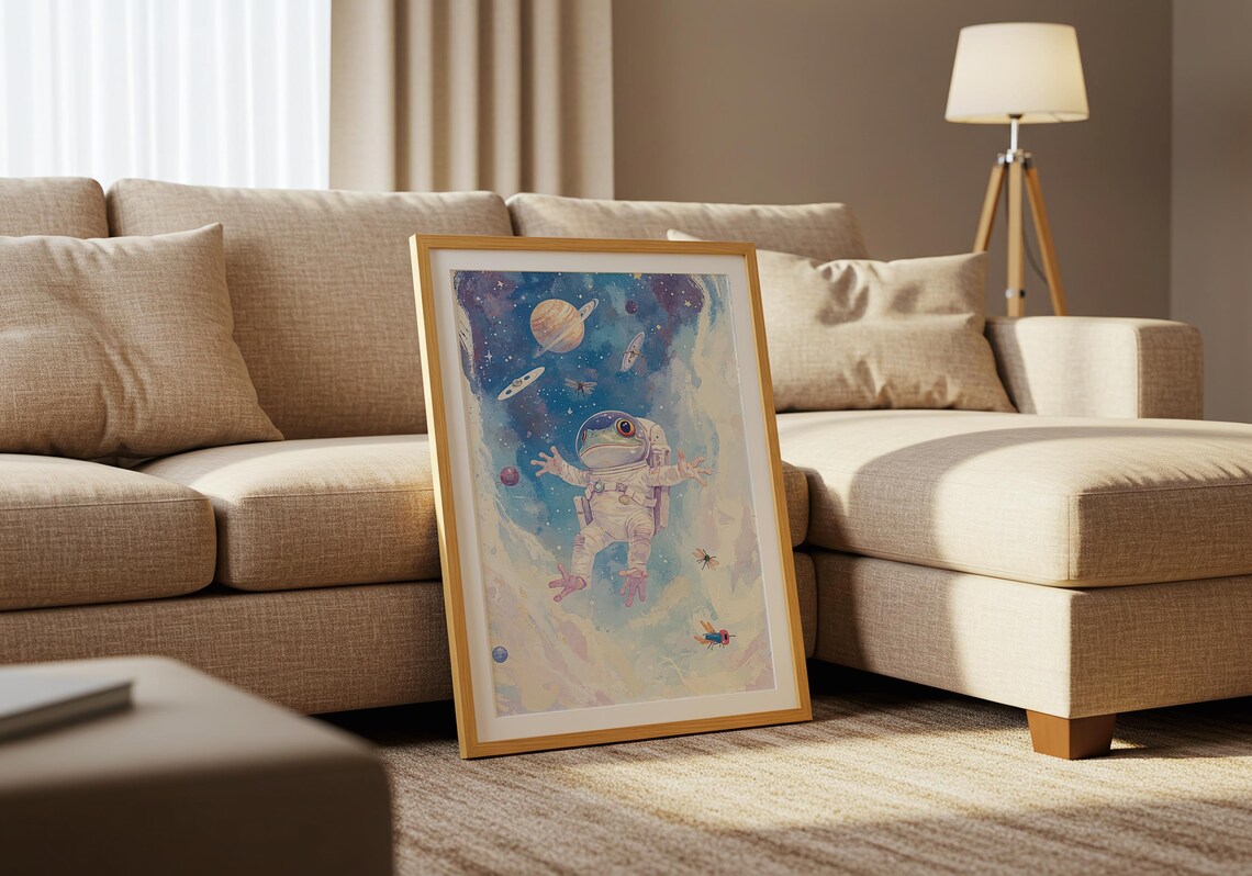 Astronaut Frog Whimsical Space Adventure Watercolor Cosmic Art Poster - Image 5