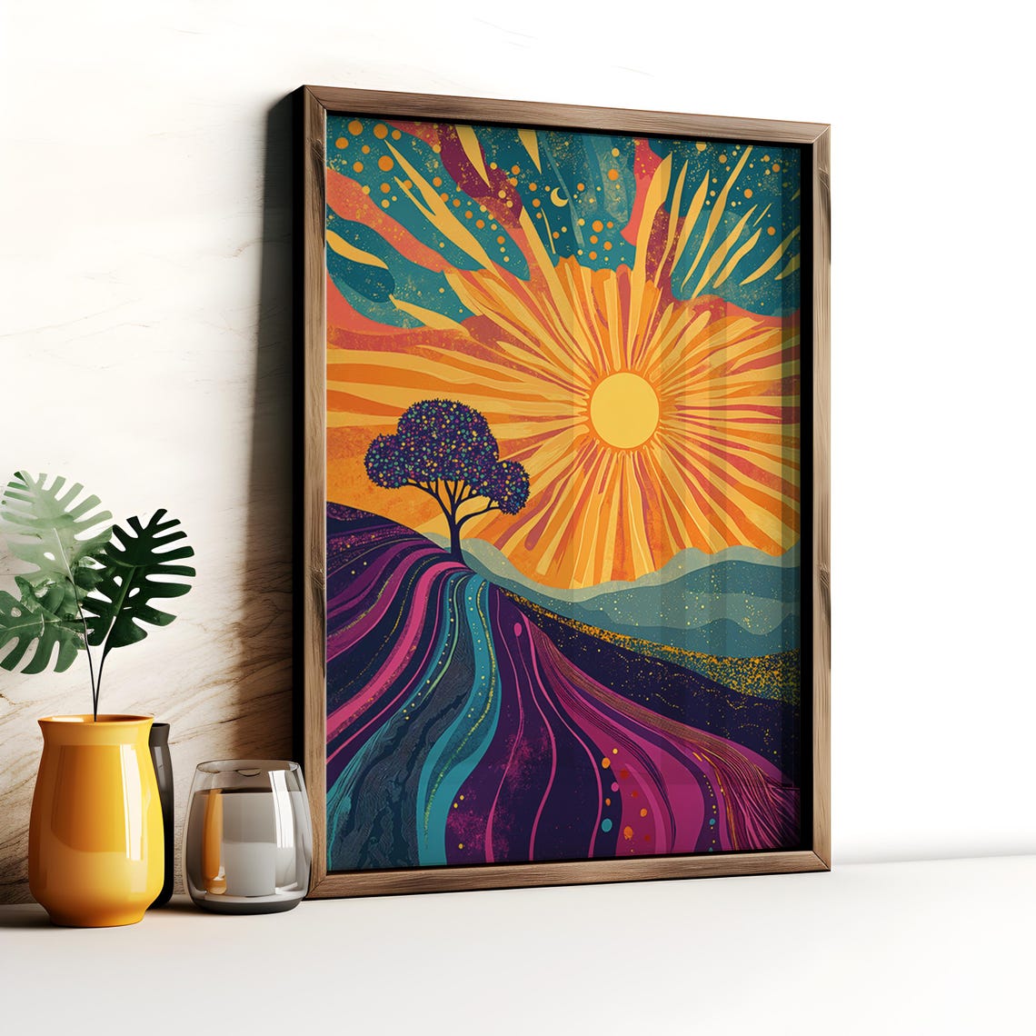Radiant Sunburst Boho Landscape Tree Silhouette Psychedelic Art Poster - Image 5