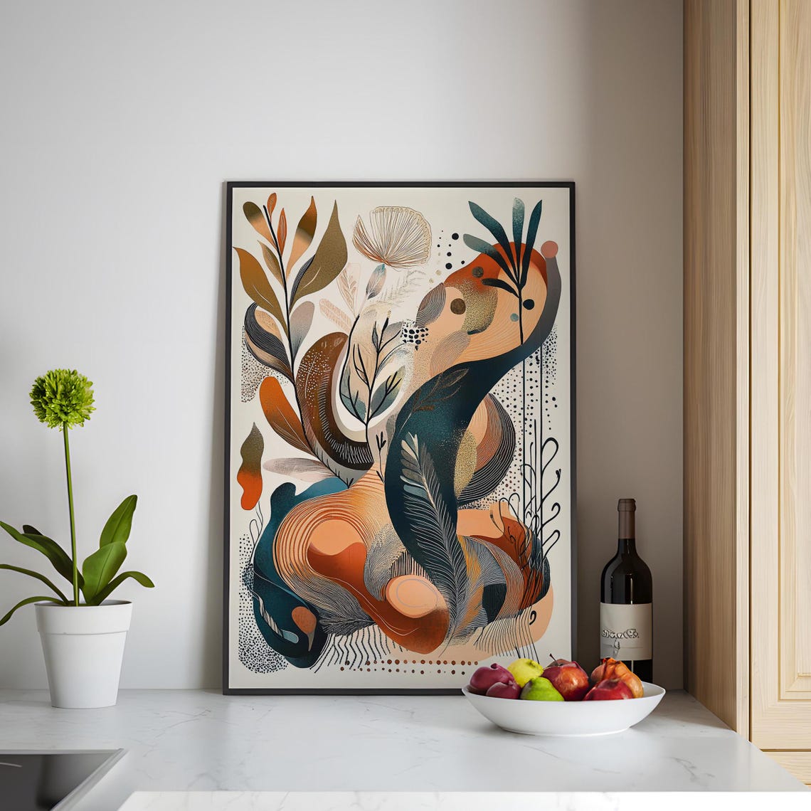 Teal and Rust Flowing Organic Botanical Nature Abstract Poster